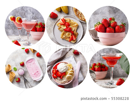 Food collage. Different dishes with strawberry. 55308228