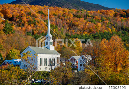Iconic New England church in Stowe town at autumn Iconic New England church in Stowe town at autumn 55308293