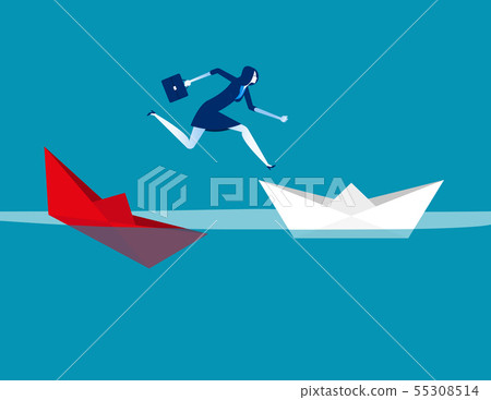 Businesswoman escaping sunken paper boat ship. Businesswoman escaping sunken paper boat ship. 55308514