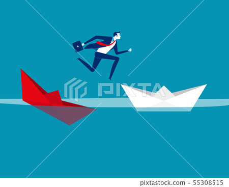 Businessman escaping sunken paper boat ship. Businessman escaping sunken paper boat ship. 55308515