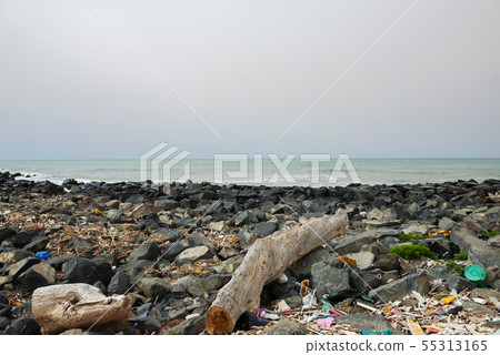 Spilled garbage on the beach near the big city. Empty used dirty plastic bottles and other garbage 55313165