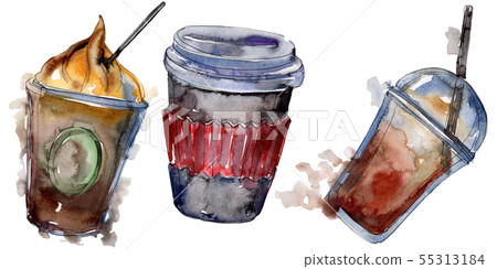 Hot and cold coffee drinks. Watercolor background illustration set. Isolated drinks illustration Hot and cold coffee drinks. Watercolor background illustration set. Isolated drinks illustration 55313184
