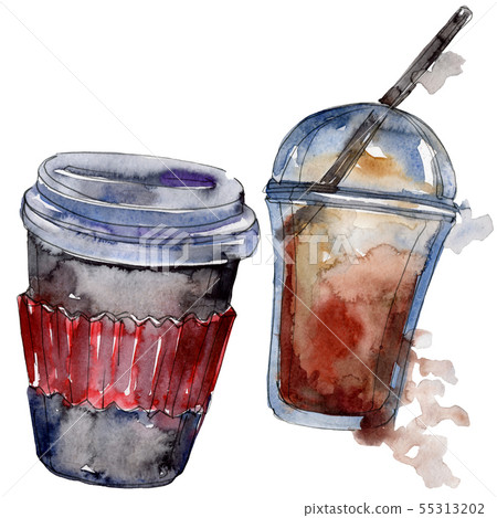 Hot and cold coffee drinks. Watercolor background illustration set. Isolated drinks illustration Hot and cold coffee drinks. Watercolor background illustration set. Isolated drinks illustration 55313202