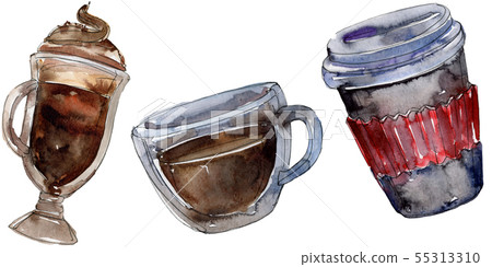 Hot and cold coffee drinks. Watercolor background illustration set. Isolated drinks illustration Hot and cold coffee drinks. Watercolor background illustration set. Isolated drinks illustration 55313310