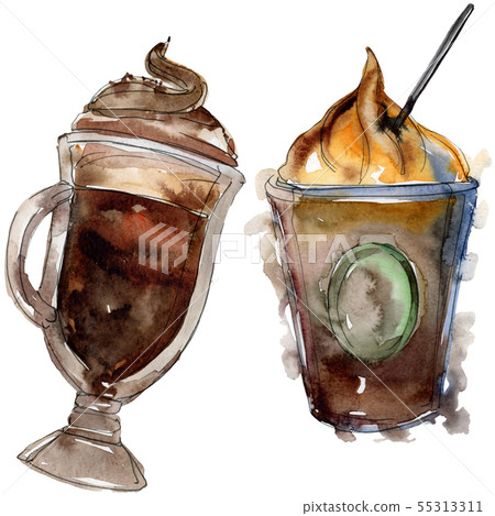 Hot and cold coffee drinks. Watercolor background illustration set. Isolated drinks illustration 55313311