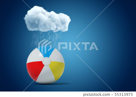 3d rendering of white rainy cloud above colorful beach ball on blue background 55313973