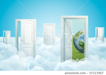 3d rendering of five doors standing on fluffy clouds, one door leading to green lawn with small 55313987