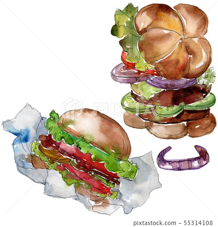 Hamburger fast food isolated. Watercolor background illustration set. Isolated fastfood illustration Hamburger fast food isolated. Watercolor background illustration set. Isolated fastfood illustration 55314108