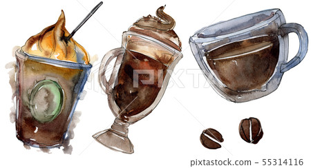Hot and cold coffee drinks. Watercolor background illustration set. Isolated drinks illustration Hot and cold coffee drinks. Watercolor background illustration set. Isolated drinks illustration 55314116