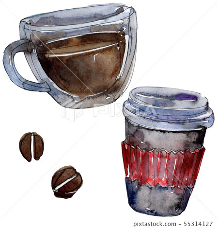 Hot and cold coffee drinks. Watercolor background illustration set. Isolated drinks illustration 55314127