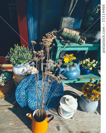 Still life floral composition green yellow blue 55314466