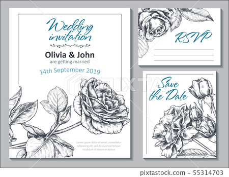 Collection of vector templates for wedding cards and invitation with hand drawn rose flowers. 55314703
