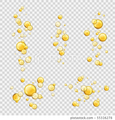 Oil bubbles. Shiny oil drops, cosmetic gold pill capsules collagen serum. Oily vitamin essence 55316278