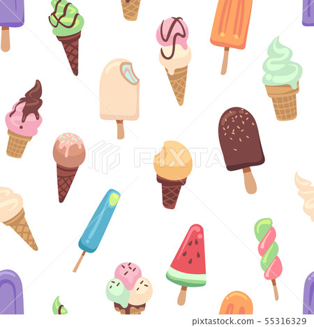 Ice cream pattern. Seamless print with frozen creamy desserts, waffles cones. Sundae vanilla 55316329