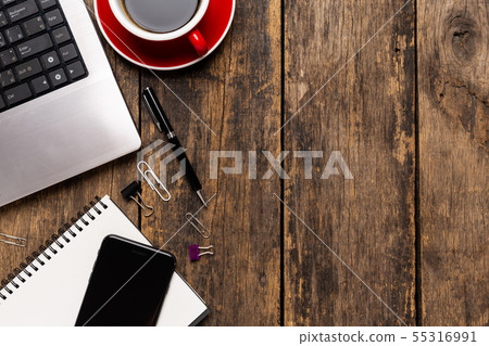 Top View Work space, office desk with computer Top View Work space, office desk with computer 55316991