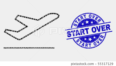 Vector Pixelated Airplane Takeoff Icon and Scratched Start Over Stamp Seal 55317129