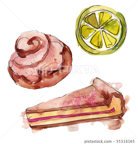 Tasty cake and bun sweet dessert. Watercolor background illustration set. Isolated desserts 55318165