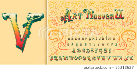 Victorian alphabet in ancient style. Antique old Font for Whiskey label. Vintage typeface in black 55318627