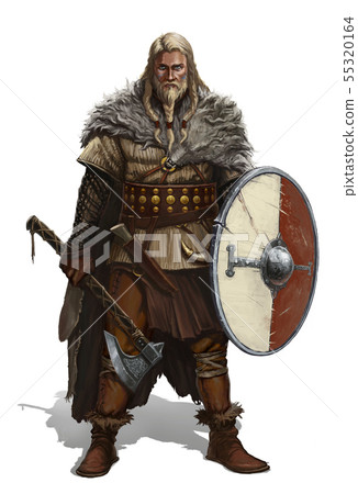 Viking with ax and shield on white realistic. 55320164