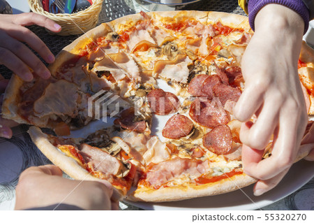 pizza with pepperoni, salami, pepper, cheese, 55320270