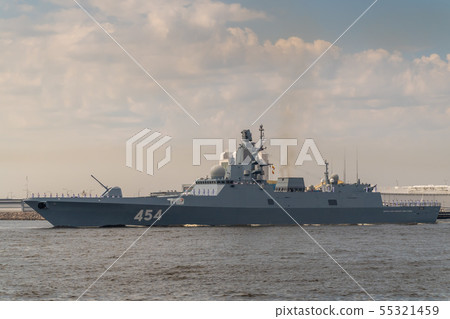 Military frigate runs along Kronstadt during the Military frigate runs along Kronstadt during the 55321459