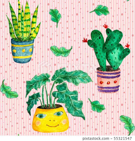 Houseplants in pots, watercolor seamless pattern Houseplants in pots, watercolor seamless pattern 55321547