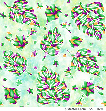 Seamless pattern with monstera leaves and tropical - Stock Illustration ...
