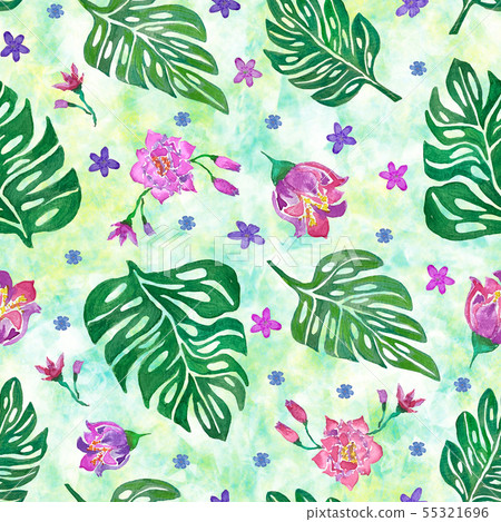 Seamless pattern with monstera leaves and tropical - Stock Illustration ...