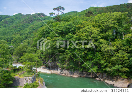 Tone River River風景從溫泉大橋到溫泉區Minakami鎮 Tone River River風景從溫泉大橋到溫泉區Minakami鎮 55324551