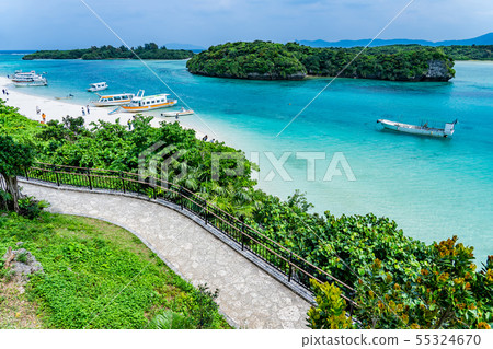 Tourists waiting to ride a glass boat on Okinawa Ishigakijima Kawahira Bay 55324670