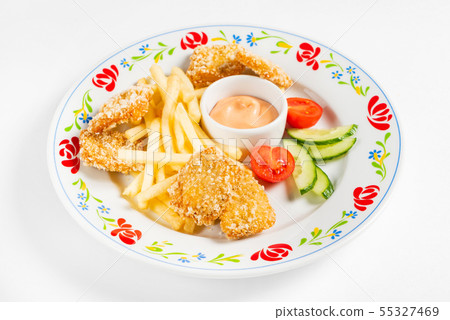 chicken nuggets with french fries and sauce on the white background chicken nuggets with french fries and sauce on the white background 55327469