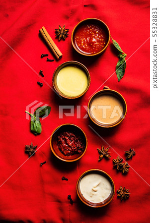 different sauces in the bowls different sauces in the bowls 55328831
