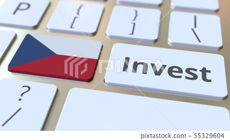 INVEST text and flag of the Czech Republic on the buttons on the computer keyboard. Business related 55329604