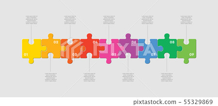 Nine pieces jigsaw puzzle squares line infographic - Stock Illustration ...
