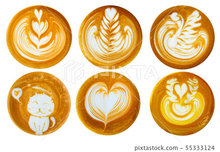 List of latte art shapes isolated on white backgro 55333124