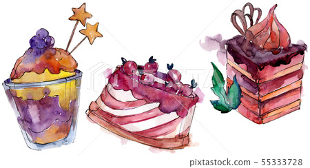 Tasty cake and dessert in a watercolor style. Background illustration set. Watercolour drawing 55333728