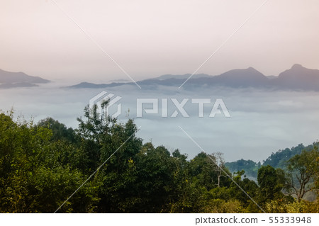 Sea of clouds at the dawn with a view of mountains Sea of clouds at the dawn with a view of mountains 55333948
