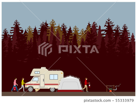 Camp autumn bonfire tent tarp campervan sunset dog Camp autumn bonfire tent tarp campervan sunset dog 55333979