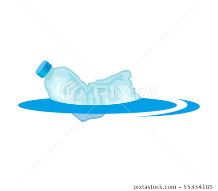 Crumpled bottle floats in water. Vector illustration on white background. 55334186