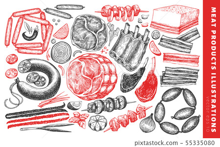 Vintage vector meat products illustration set. 55335080