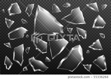 Broken glass shards set, crashed window fragments 55336268