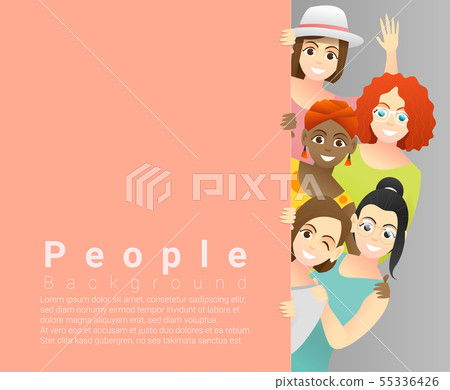 Group of women standing behind empty board Group of women standing behind empty board 55336426