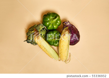 Vegetables flat lay on beige background. Copy space. Harvest time, autumn 55336932