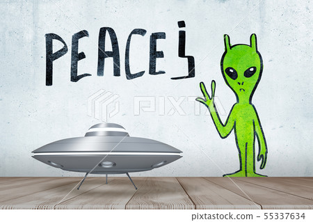 3d rendering of silver metal UFO above white wooden floor with green alien and PEACE sign drawn on 55337634