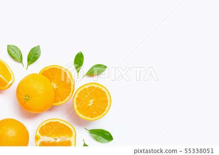 Fresh orange citrus fruit with leaves isolated  55338051