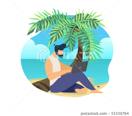 Man Sitting on Palm Trunk at Beach Work on Laptop 55338764