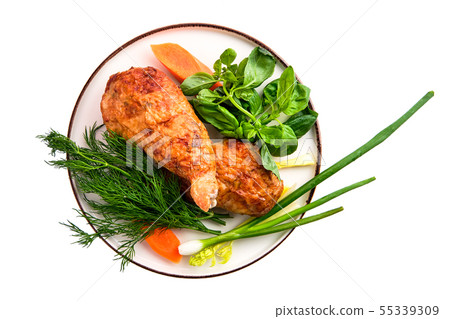 Stuffed chicken thigh decorated with spring onion, 55339309