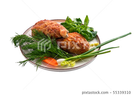 Stuffed chicken thigh decorated with spring onion, Stuffed chicken thigh decorated with spring onion, 55339310