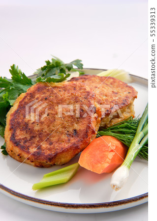 Fried ground beef and potato patties isolated on 55339313
