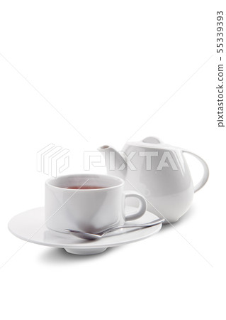 Ceramic tea cup and pot with Dilmah tea isolated 55339393